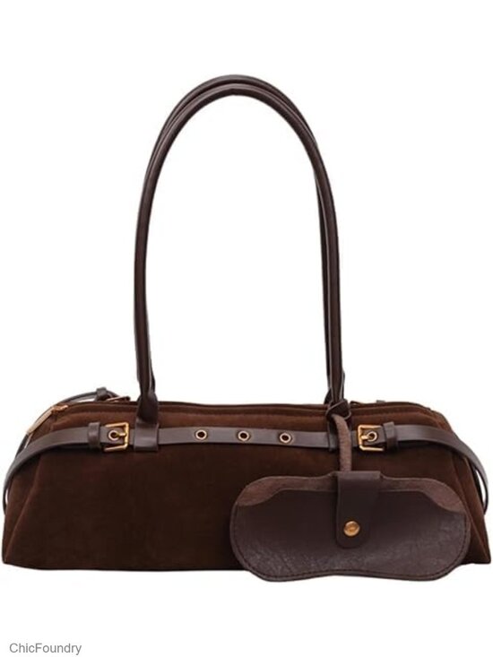 Handbags - Suede Fabric Boston Shoulder Bag, Bowling Bag Purse, Retro Underarm Tote